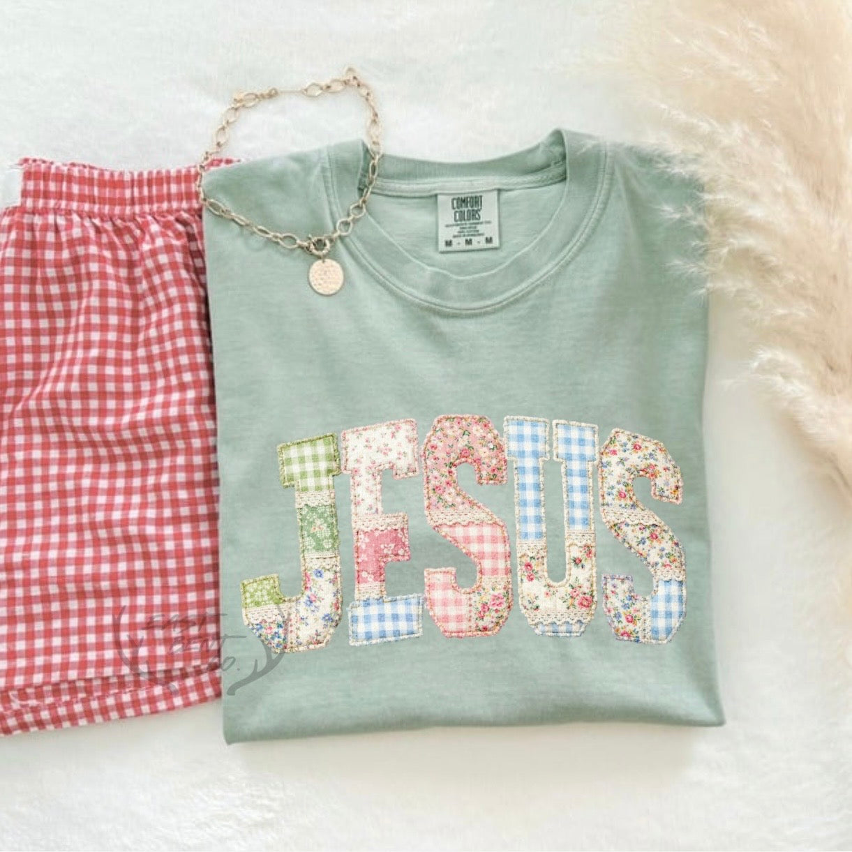 Jesus Springtime Faux Patchwork Adult Short Sleeve Shirt