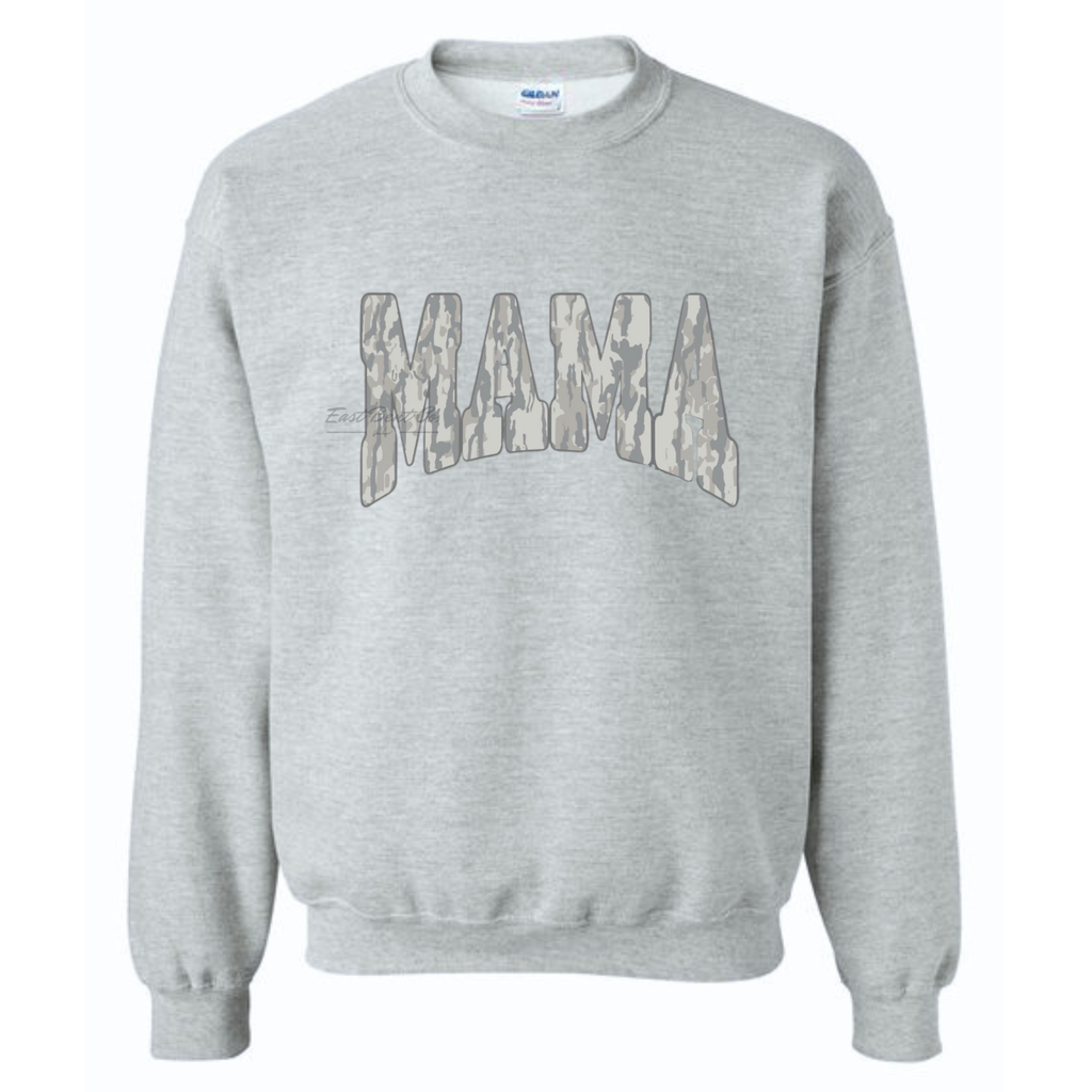 Faded Gray Bark Camo Mama Adult Crewneck Sweatshirt