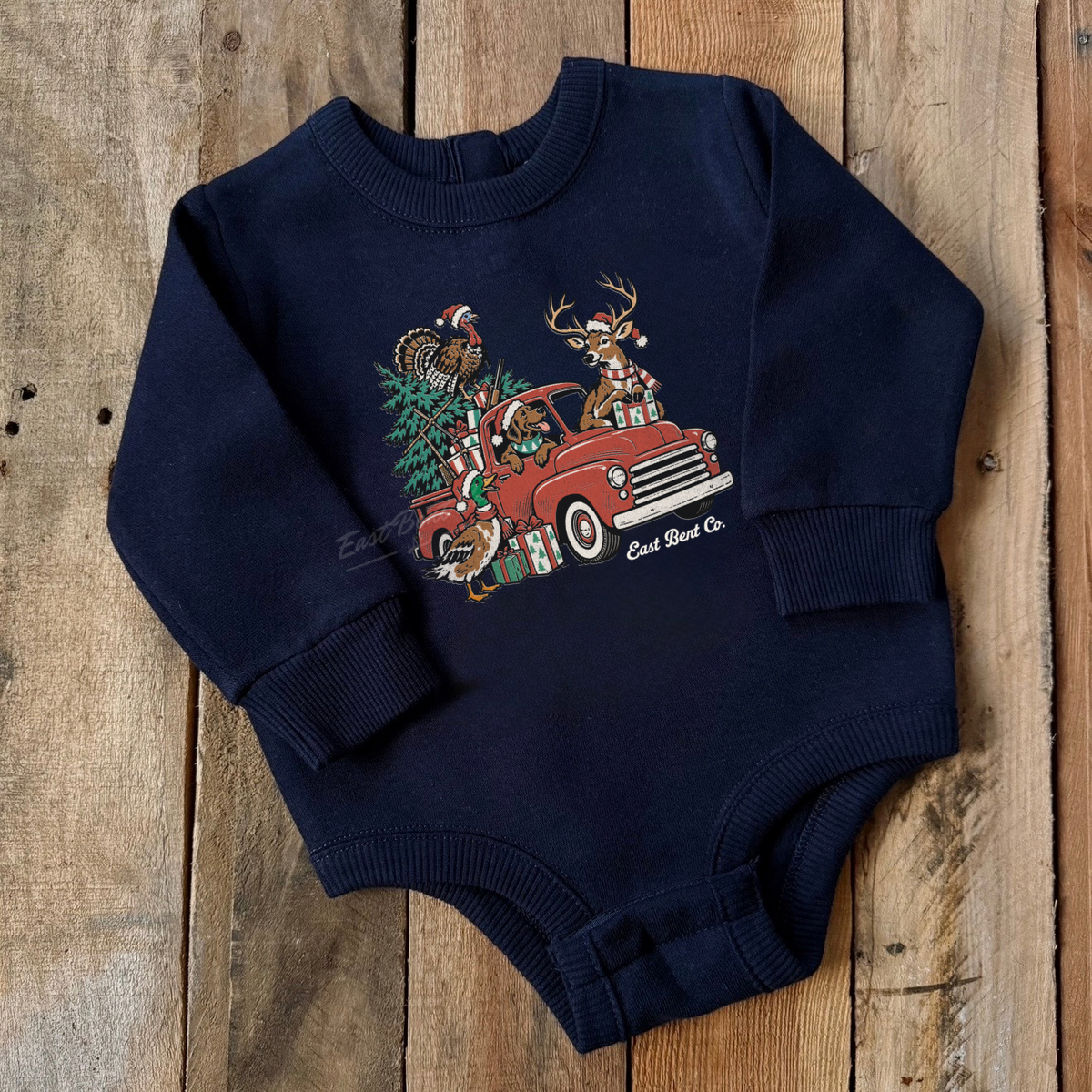 Vintage Hunting Crew Christmas Truck Infant Fleece Bodysuit (Front Design)